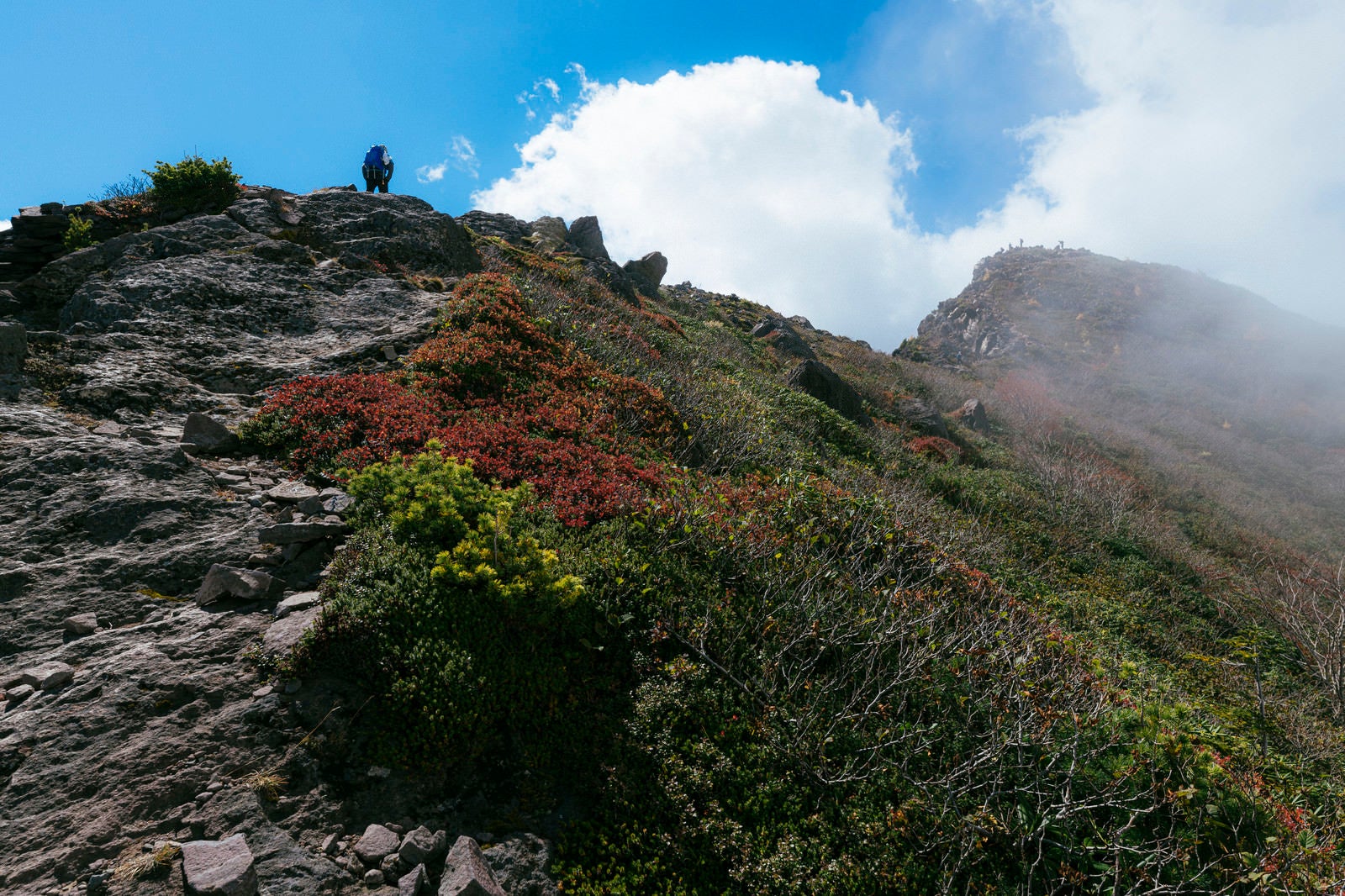 「紅葉の外輪山を歩く人」の写真