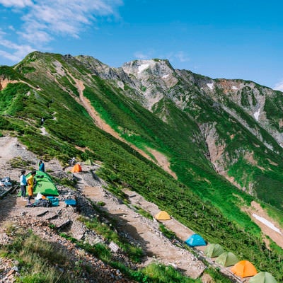 五竜山荘にテントを張る人々と五竜岳の写真