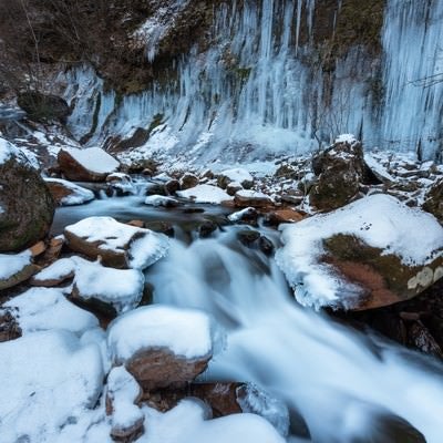 冬の横谷渓谷の渓流とつららの写真