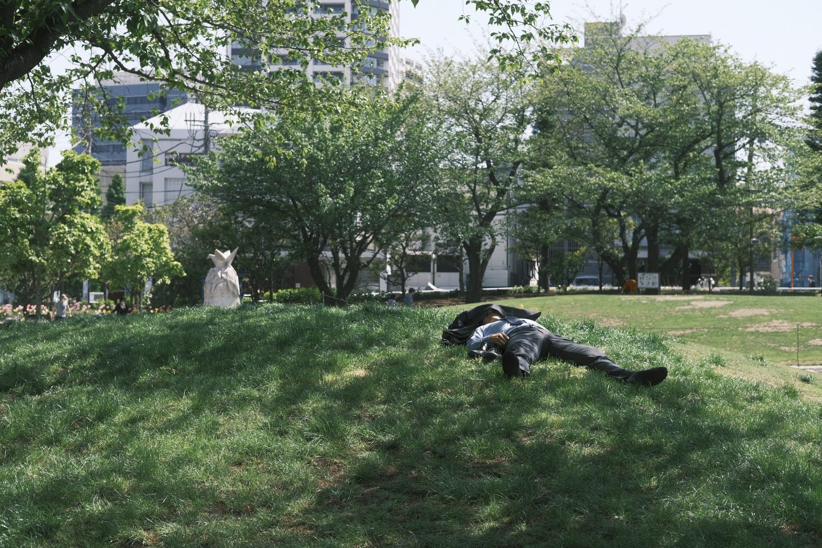 「昼下がりの公園で寝る会社員」の写真