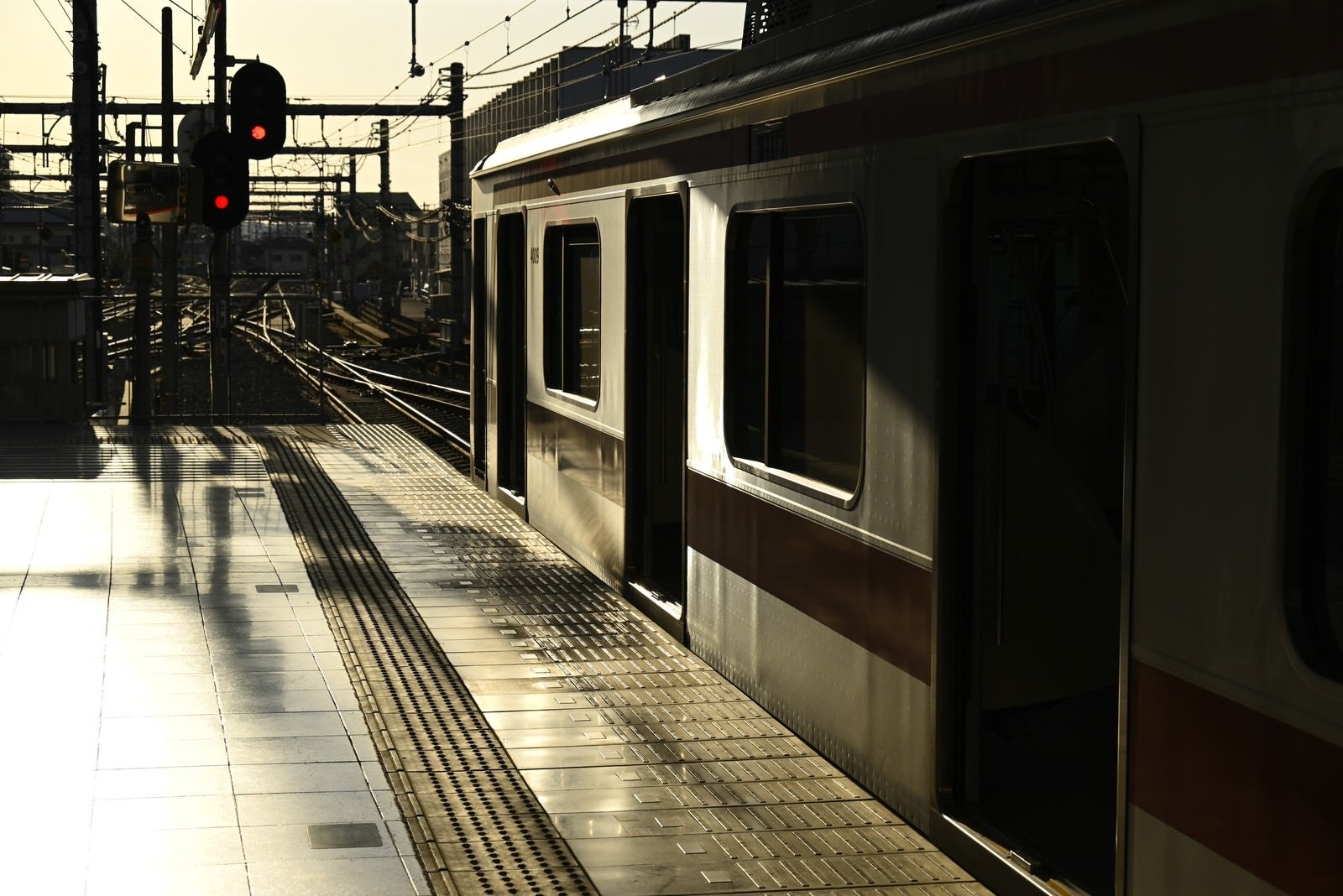 「朝日に照らされる電車」の写真