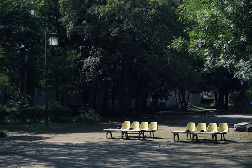 誰もいない寂しい昼の公園のベンチの写真