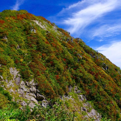 青空と紅葉の小朝日岳（大朝日岳）の写真