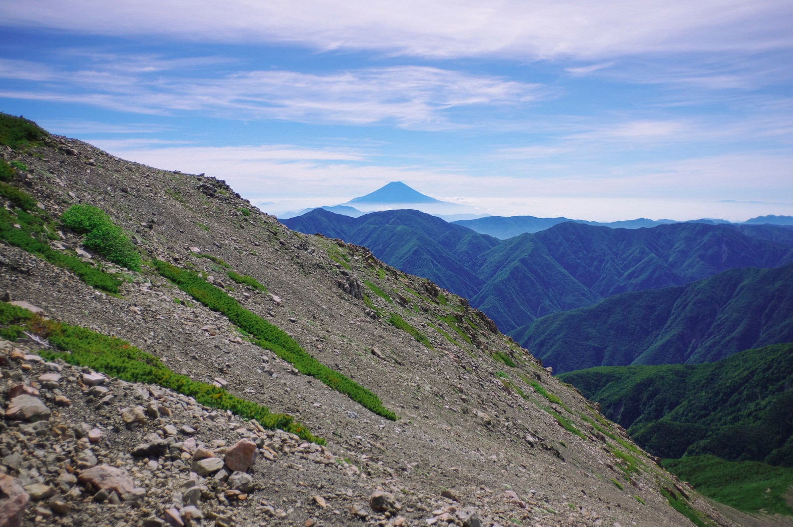 「細かい石で流れそうな斜面と富士山（聖岳）」の写真
