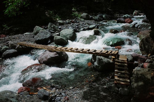 聖岳山中を流れる渓流とかけられた橋の写真