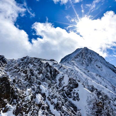 冬の地蔵尾根稜線側から見る山荘と山頂の写真