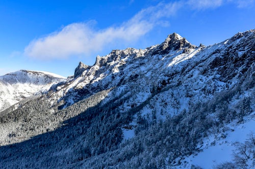 冬の文三郎尾根から眺める横岳と硫黄岳の写真