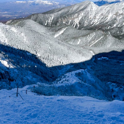 冬の文三郎尾根の登山道を見下ろすの写真