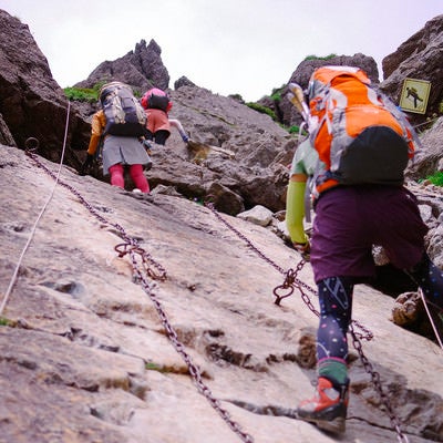 鎖が付けられた絶壁を登る登山者たちの写真