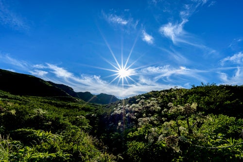 岩手山不動平と光芒の太陽の写真