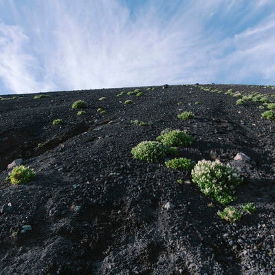火山の斜面と雲の空（岩手山）の写真