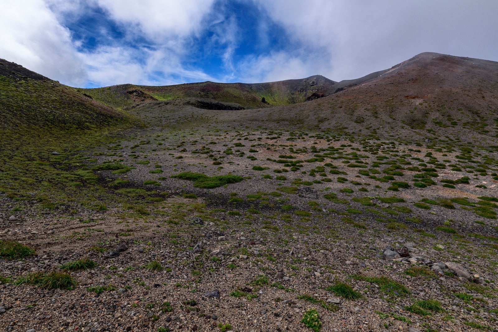 「荒涼とした大地が広がる岩手山稜線」の写真