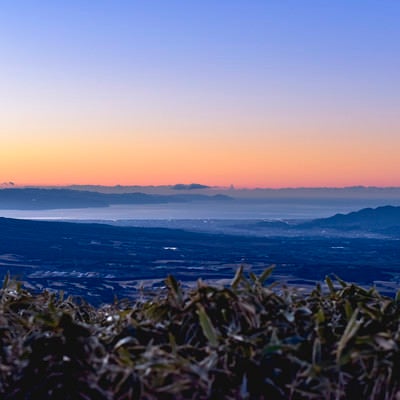 竜ヶ岳から見る夜明けの駿河湾の街の写真