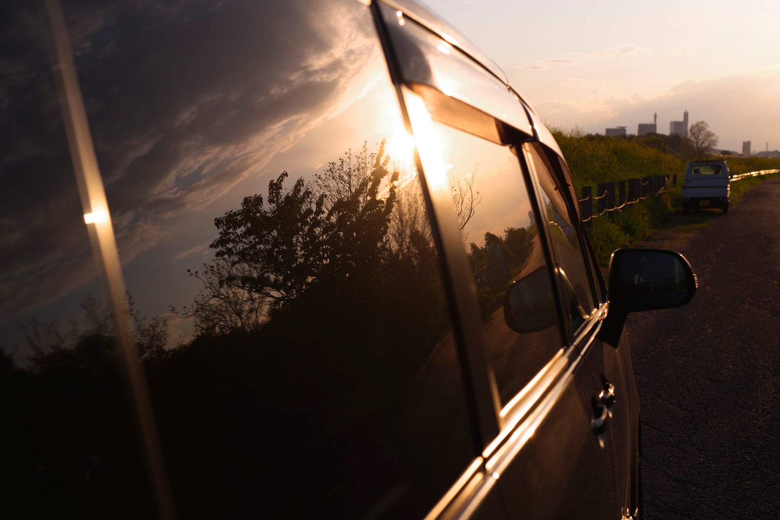 「車窓に映る夕日と木々の姿」の写真
