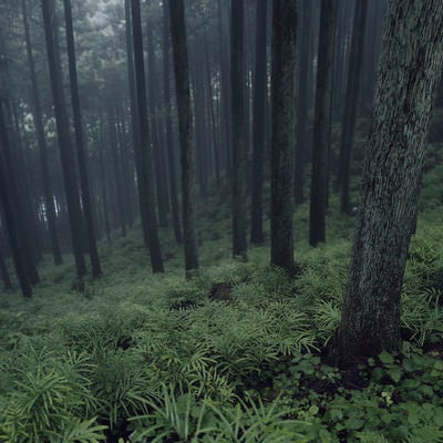 霧に覆われる杉林の写真