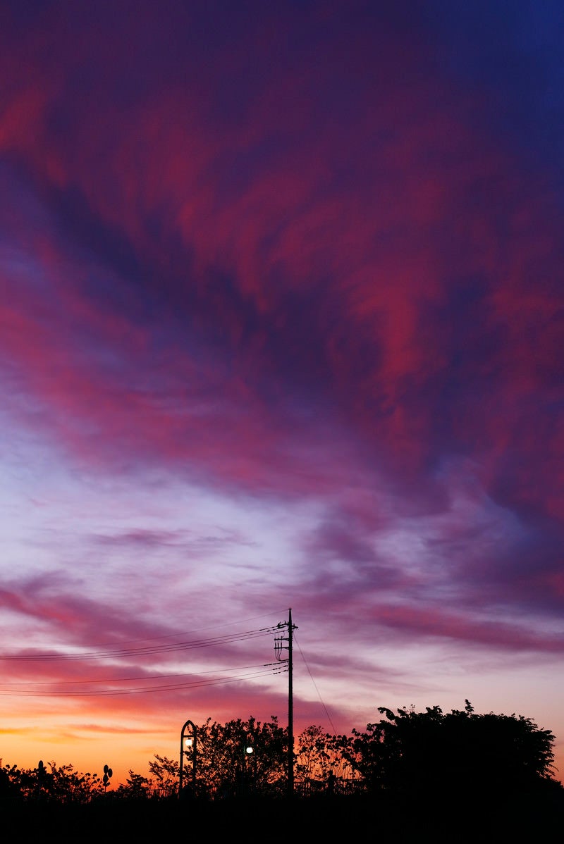 「朝焼けに燃える空と電柱」の写真
