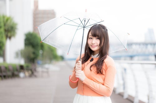 雨の様子を傘をさして伝える美人キャスターの写真