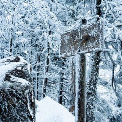 標高を示す凍りついた看板（中山峠）の写真