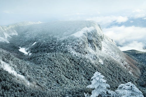 厳冬期の稲子岳と沸き立つ雲の写真