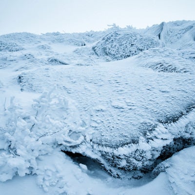 小さな樹氷と凍りついた岩肌の写真