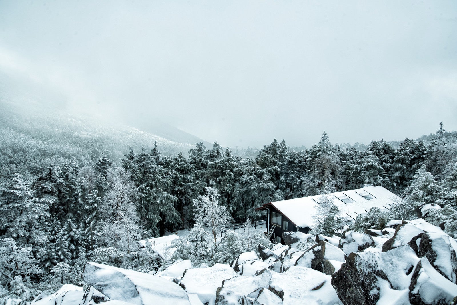 「視界不良の雪山と雪に覆われた高見石小屋」の写真