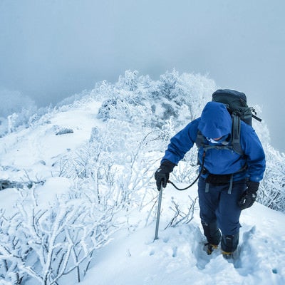 雪深い登山道で山頂を目指す登山者の写真