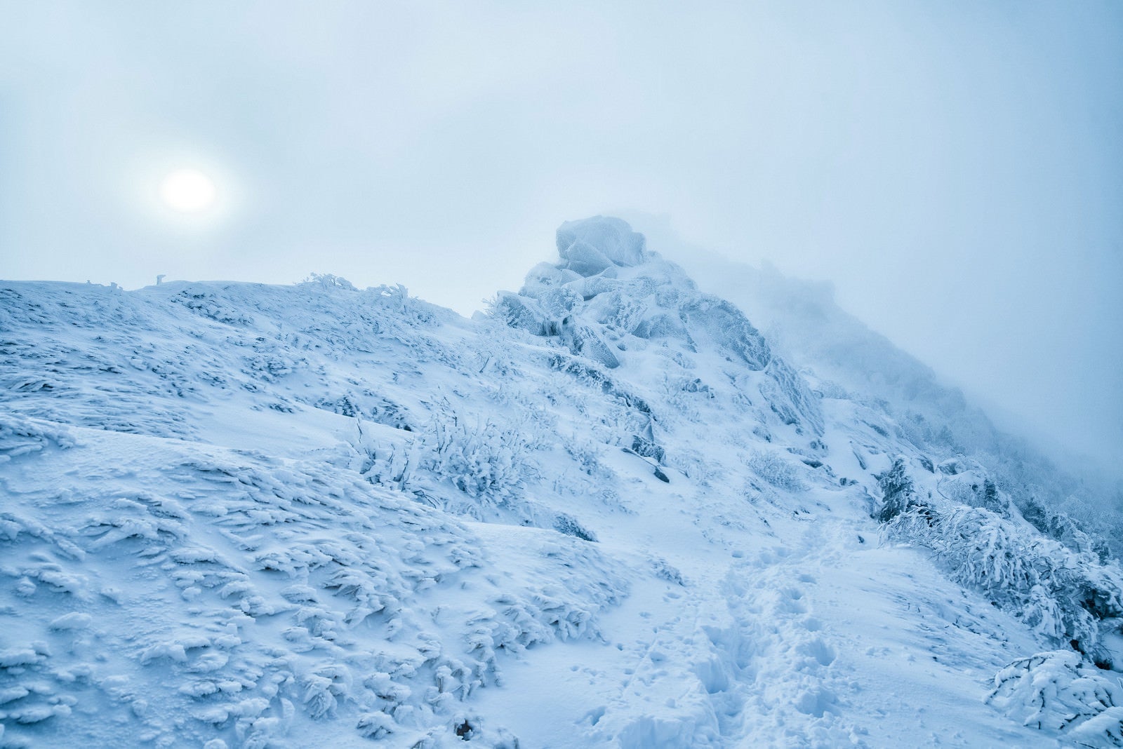 「立ち込めるガスに隠れた太陽と積雪の稜線」の写真