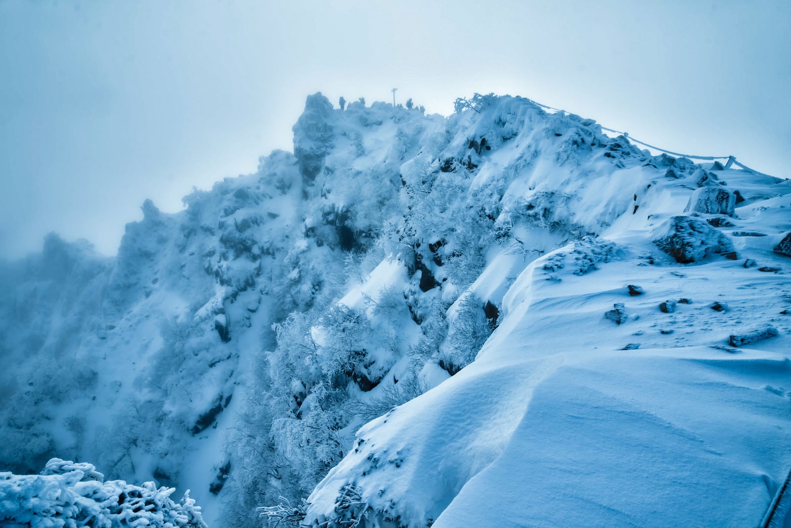 「霧に巻かれた視界不良の東天狗岳の山頂（長野県）」の写真