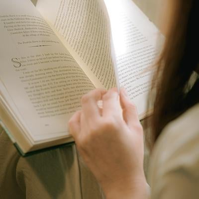 自然光の下で洋書を読む女性の手元の写真