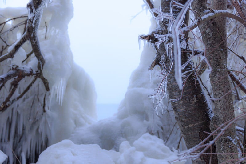 猪苗代湖の透明度の高い飛沫氷の写真