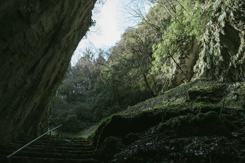 断崖に続く備中鐘乳穴の階段の写真