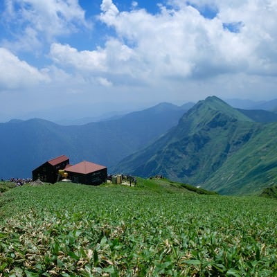 登山道に現れた山小屋と山峰の風景の写真