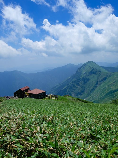 登山道に現れた山小屋と山峰の風景の写真