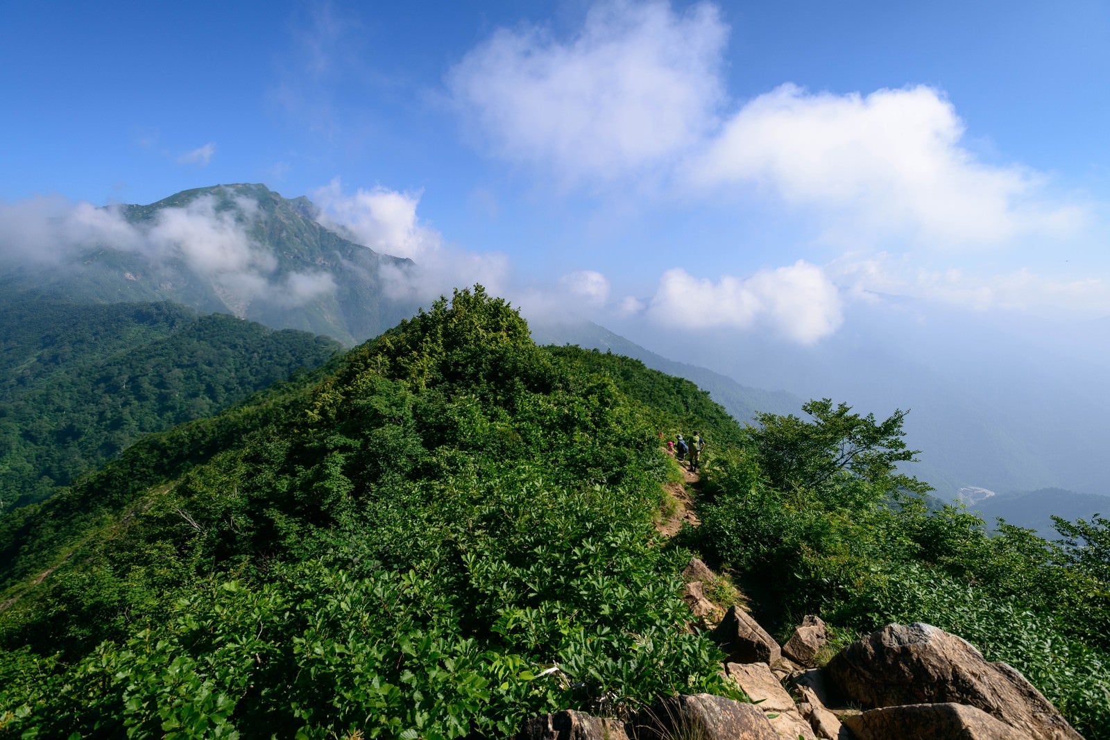 「沸き立つ雲に隠れる山頂と登山者」の写真