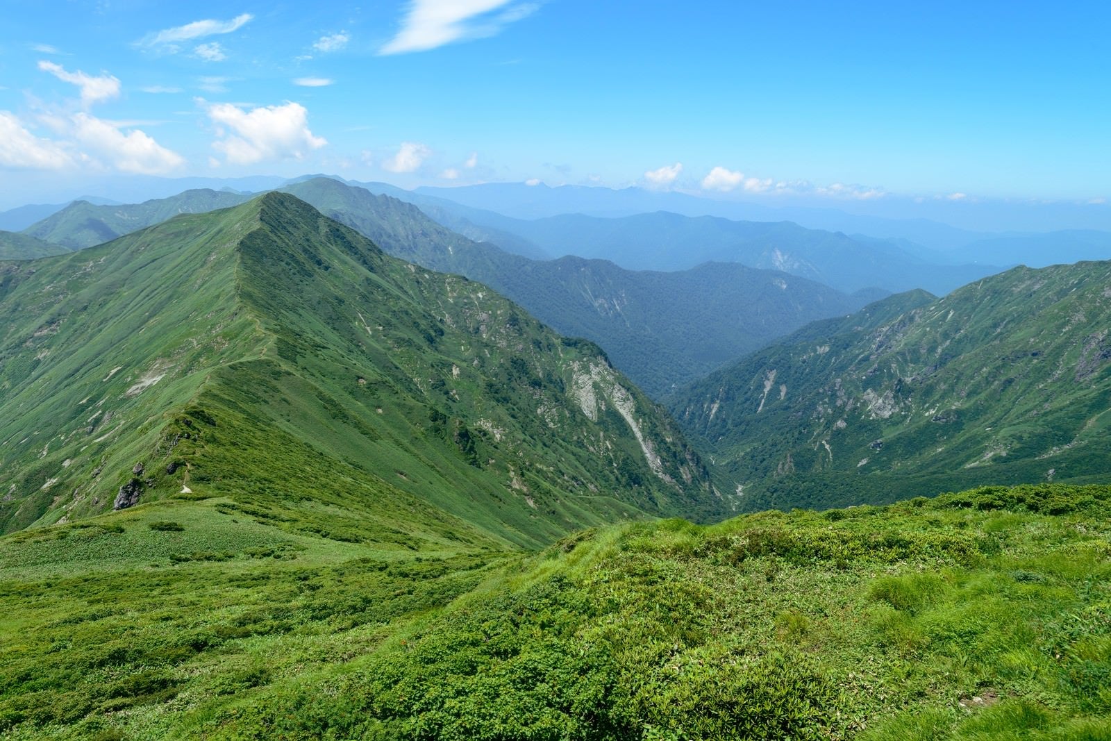 「日本海へ続く渓谷と稜線」の写真