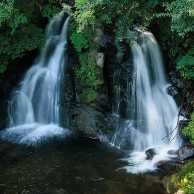 明神滝の迫力ある滝の姿の写真