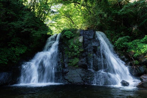 水の流れが語る自然と天栄村の明神滝の写真