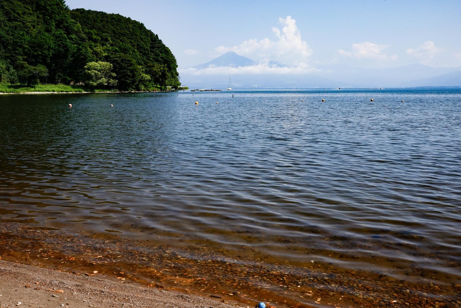 「秋山浜の浜辺から見える透き通った海と青空」の写真