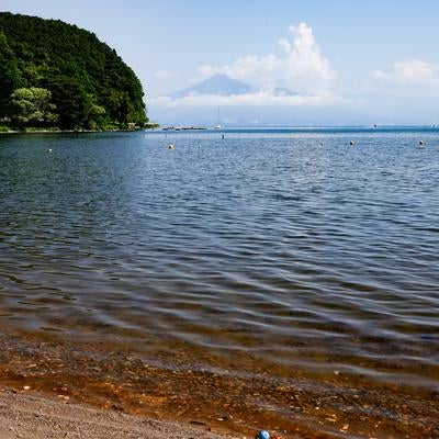 秋山浜の浜辺から見える透き通った海と青空の写真