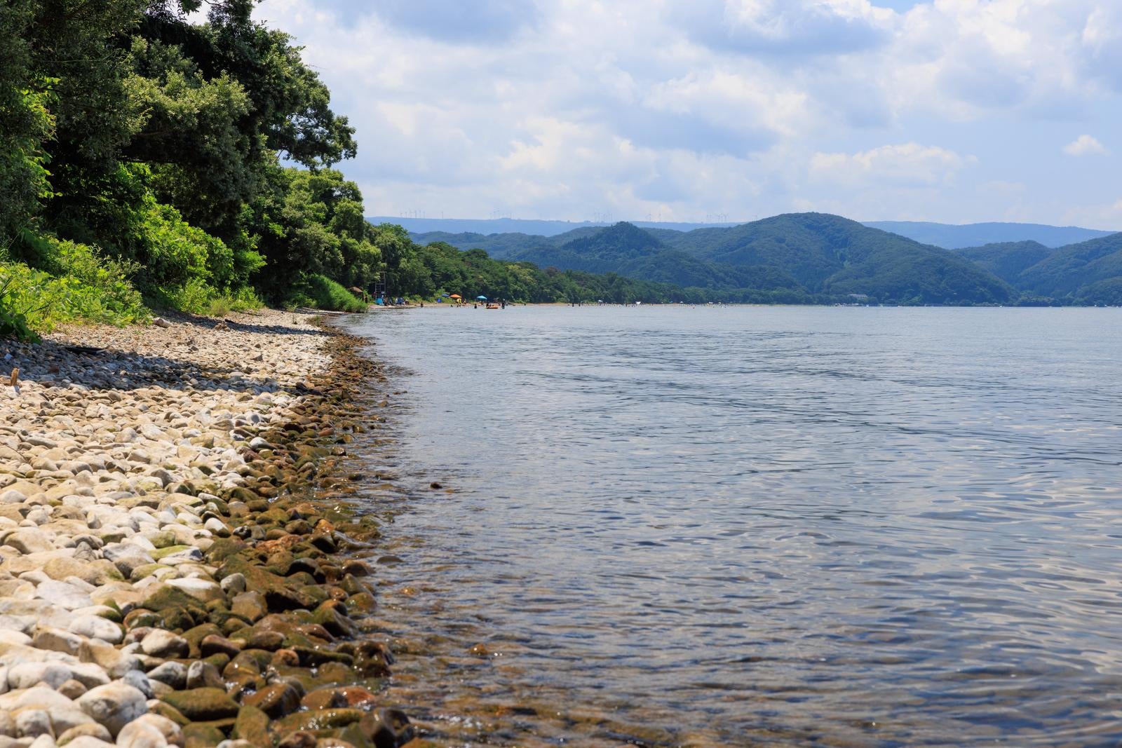猪苗代湖の湖畔から見た浜路浜、緑の樹木と遠くの山々を背景にした夏の風景