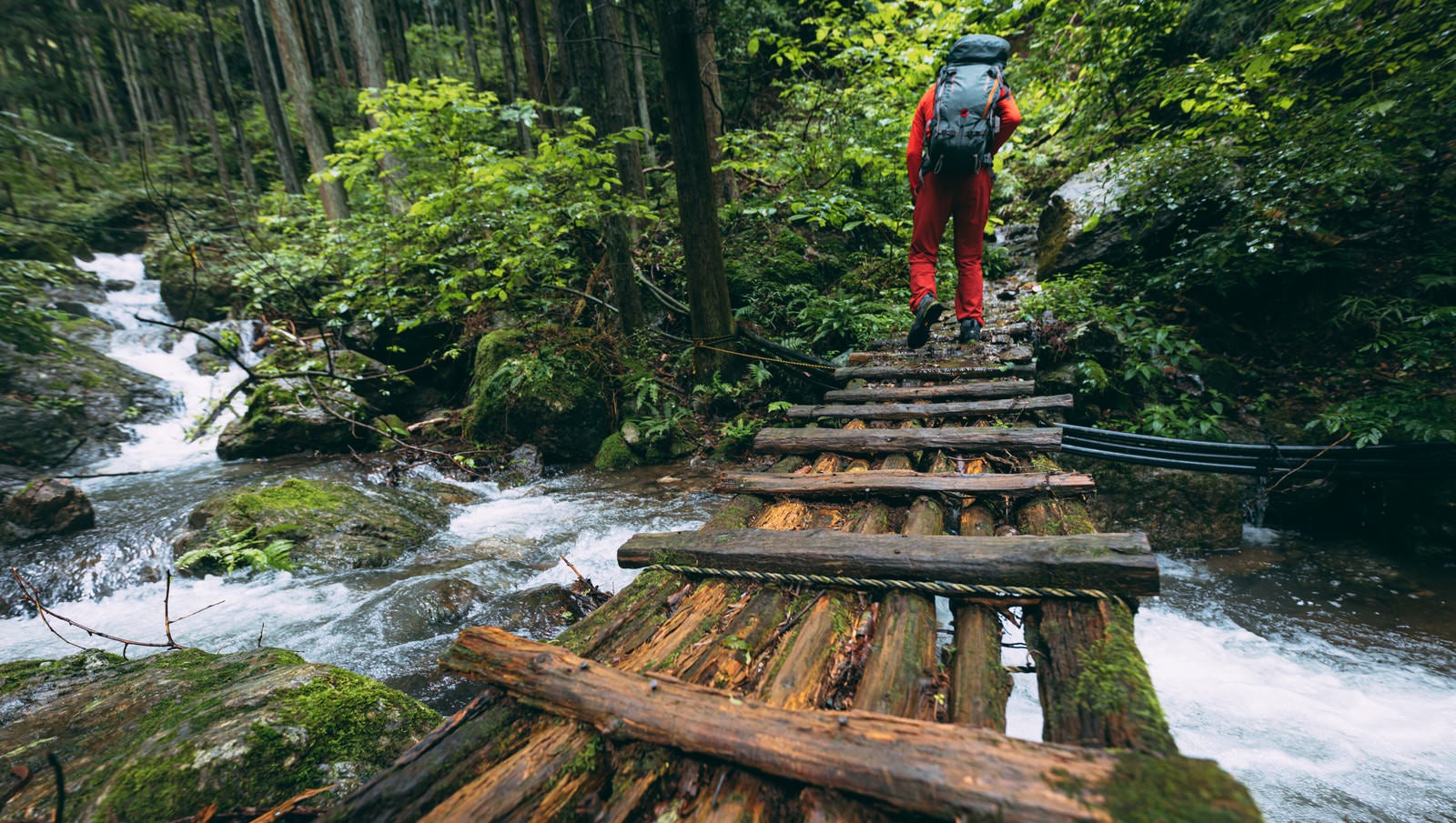 「渓流にかかる木製の橋を渡る登山者」の写真