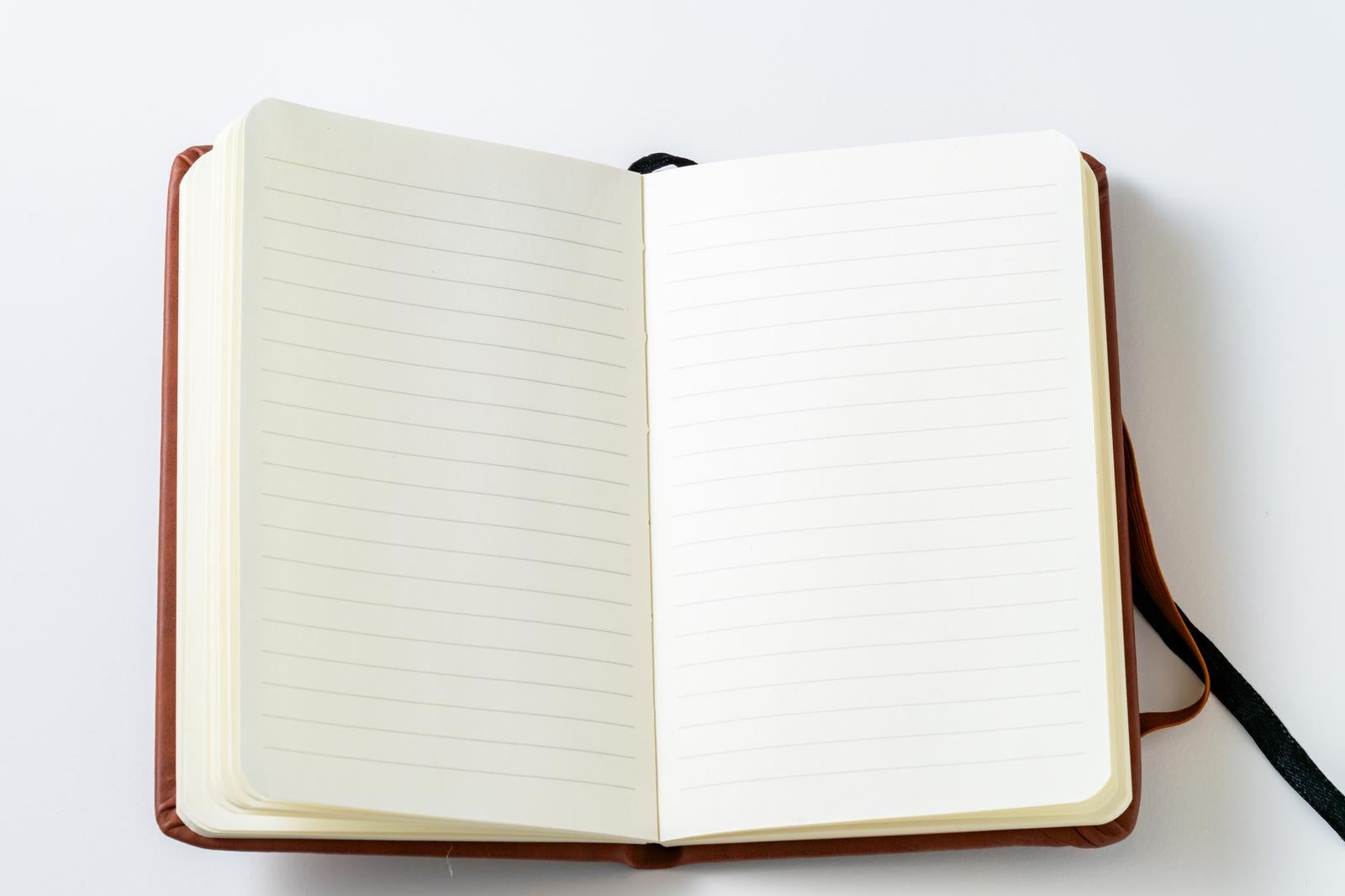 茶色のレザーカバーで見開きになった手帳、左に罫線、右に白紙ページ