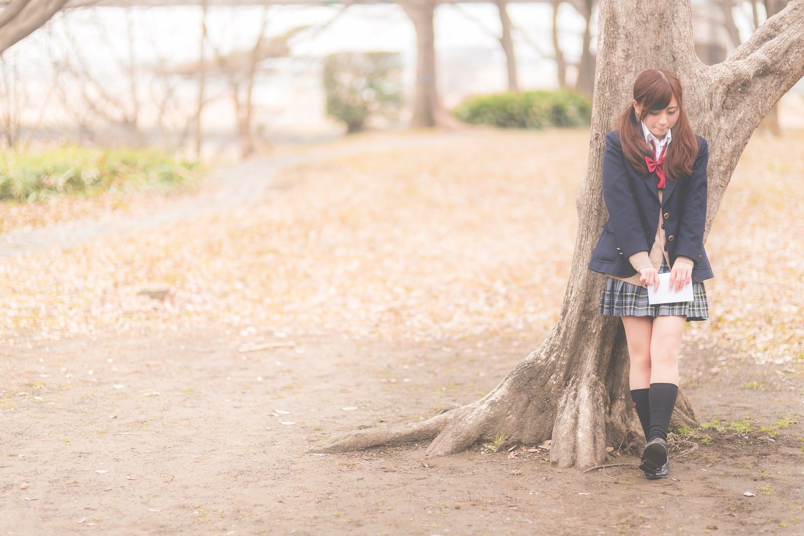「放課後、木陰に隠れて告白のチャンスを伺う女子高生」の写真［モデル：河村友歌］