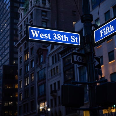ニューヨークの街並みとストリートサインの写真