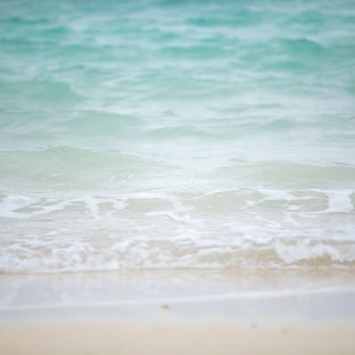 エメラルドグリーンの海と砂浜の写真