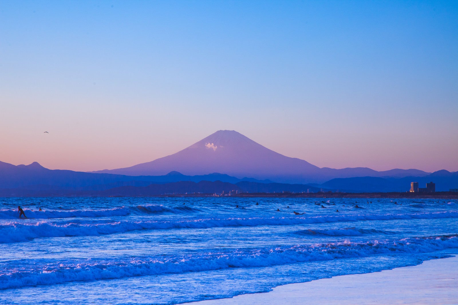 「海とサーファーと富士山」の写真