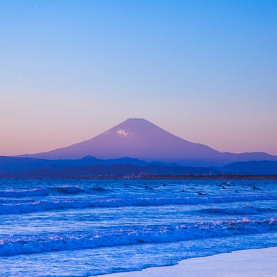 海とサーファーと富士山の写真
