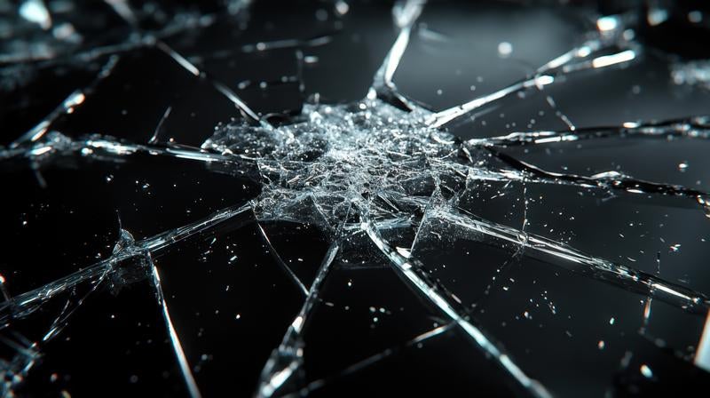 中心から広がるガラスのひび割れの写真