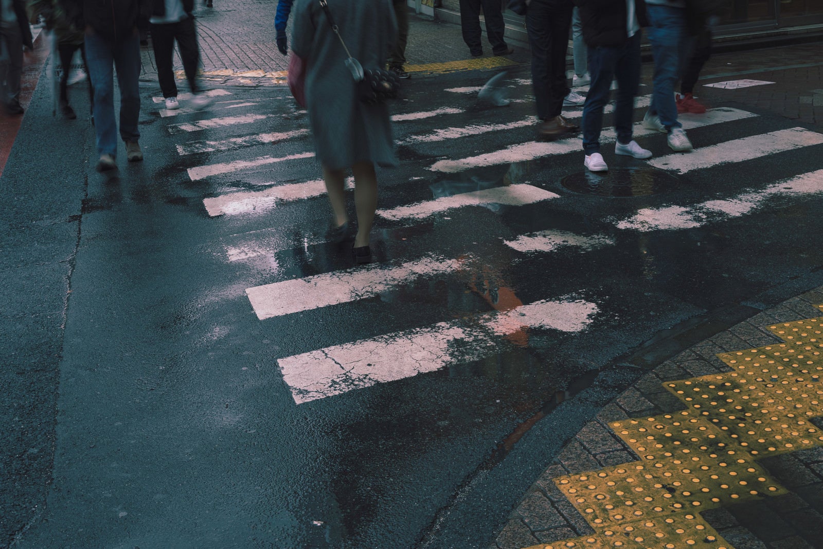 「雨上がりの横断歩道を渡る足元」の写真