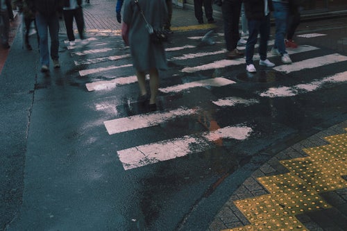 雨上がりの横断歩道を渡る足元の写真